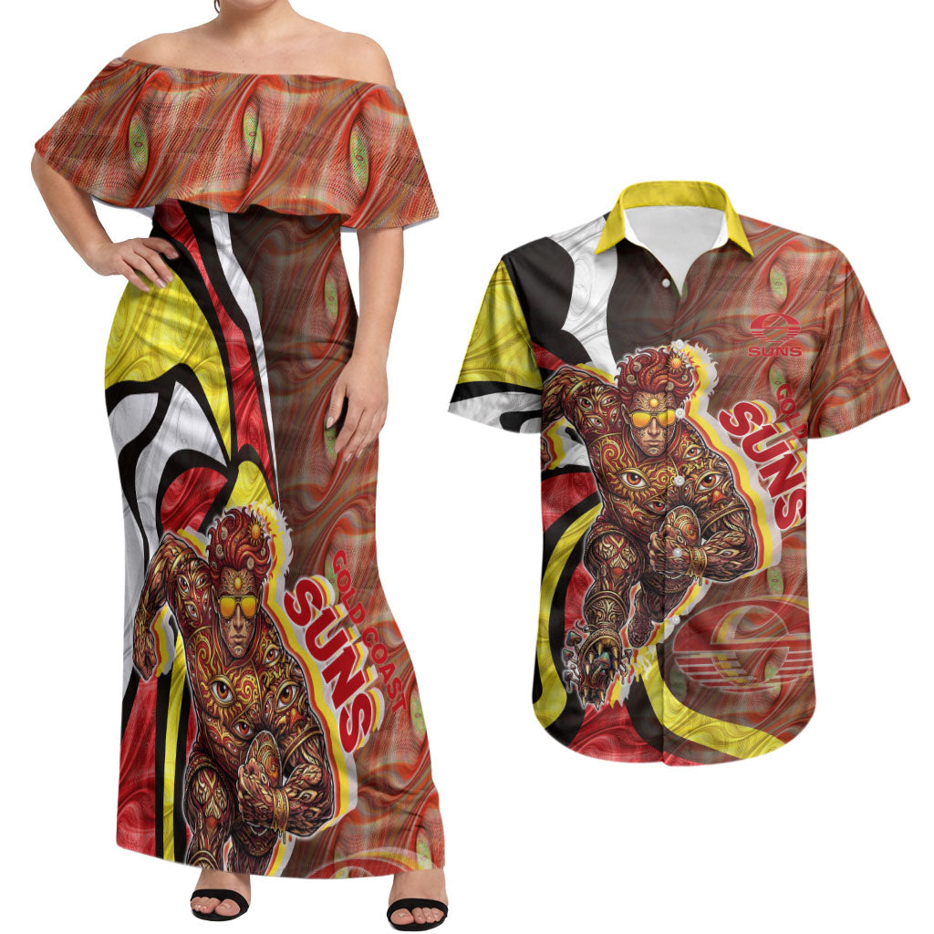 Personalised Gold Coast Suns Couples Matching Off Shoulder Maxi Dress and Hawaiian Shirt Trippy Psychedelic Abstract Art Mascot Football Fans
