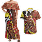 Personalised Gold Coast Suns Couples Matching Off Shoulder Maxi Dress and Hawaiian Shirt Trippy Psychedelic Abstract Art Mascot Football Fans