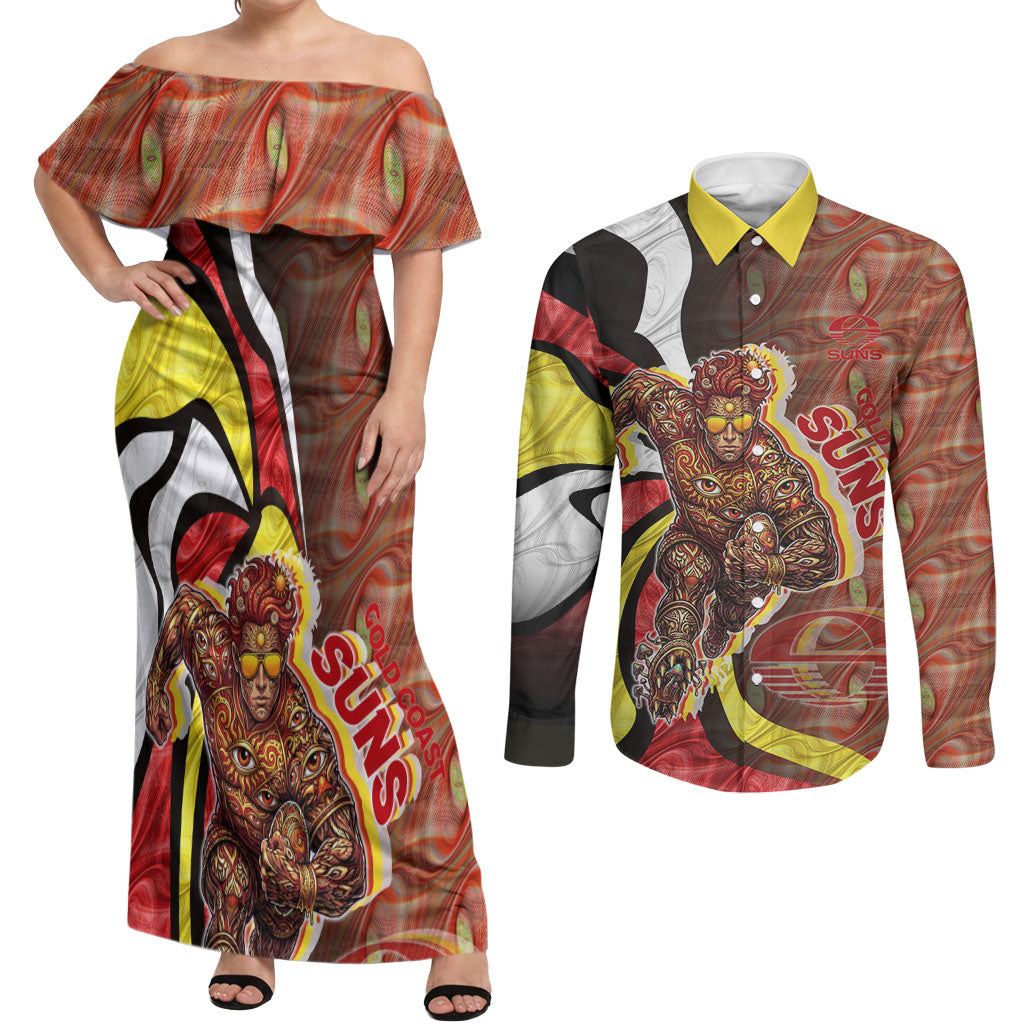 Personalised Gold Coast Suns Couples Matching Off Shoulder Maxi Dress and Long Sleeve Button Shirt Trippy Psychedelic Abstract Art Mascot Football Fans