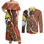 Personalised Gold Coast Suns Couples Matching Off Shoulder Maxi Dress and Long Sleeve Button Shirt Trippy Psychedelic Abstract Art Mascot Football Fans