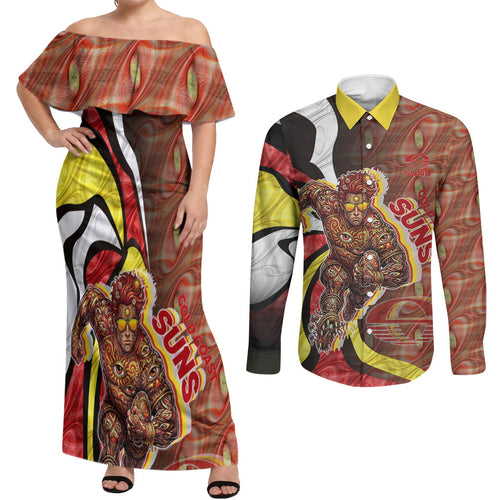 Personalised Gold Coast Suns Couples Matching Off Shoulder Maxi Dress and Long Sleeve Button Shirt Trippy Psychedelic Abstract Art Mascot Football Fans