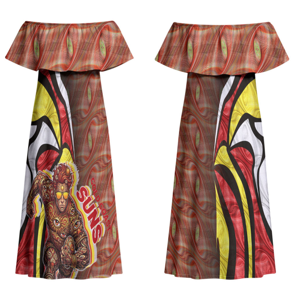 Personalised Gold Coast Suns Couples Matching Off Shoulder Maxi Dress and Long Sleeve Button Shirt Trippy Psychedelic Abstract Art Mascot Football Fans