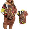 Personalised Gold Coast Suns Couples Matching Off Shoulder Short Dress and Hawaiian Shirt Trippy Psychedelic Abstract Art Mascot Football Fans