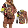 Personalised Gold Coast Suns Couples Matching Off Shoulder Short Dress and Long Sleeve Button Shirt Trippy Psychedelic Abstract Art Mascot Football Fans