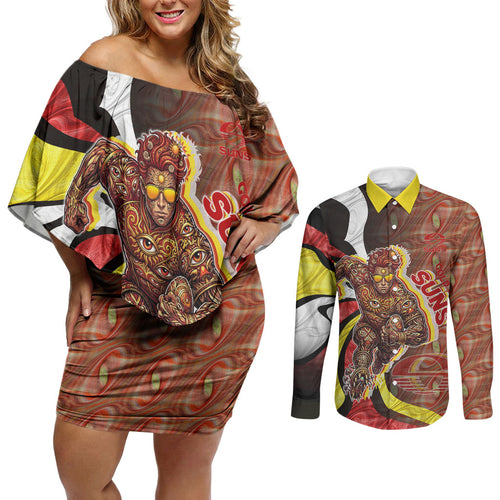 Personalised Gold Coast Suns Couples Matching Off Shoulder Short Dress and Long Sleeve Button Shirt Trippy Psychedelic Abstract Art Mascot Football Fans