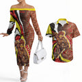 Personalised Gold Coast Suns Couples Matching Off The Shoulder Long Sleeve Dress and Hawaiian Shirt Trippy Psychedelic Abstract Art Mascot Football Fans