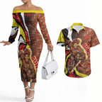Personalised Gold Coast Suns Couples Matching Off The Shoulder Long Sleeve Dress and Hawaiian Shirt Trippy Psychedelic Abstract Art Mascot Football Fans