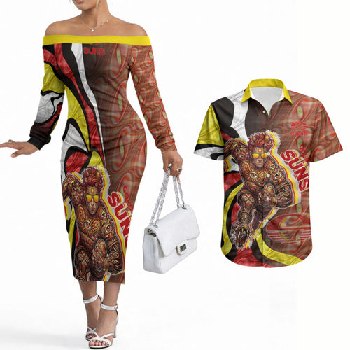 Personalised Gold Coast Suns Couples Matching Off The Shoulder Long Sleeve Dress and Hawaiian Shirt Trippy Psychedelic Abstract Art Mascot Football Fans