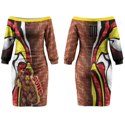 Personalised Gold Coast Suns Couples Matching Off The Shoulder Long Sleeve Dress and Hawaiian Shirt Trippy Psychedelic Abstract Art Mascot Football Fans