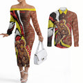 Personalised Gold Coast Suns Couples Matching Off The Shoulder Long Sleeve Dress and Long Sleeve Button Shirt Trippy Psychedelic Abstract Art Mascot Football Fans