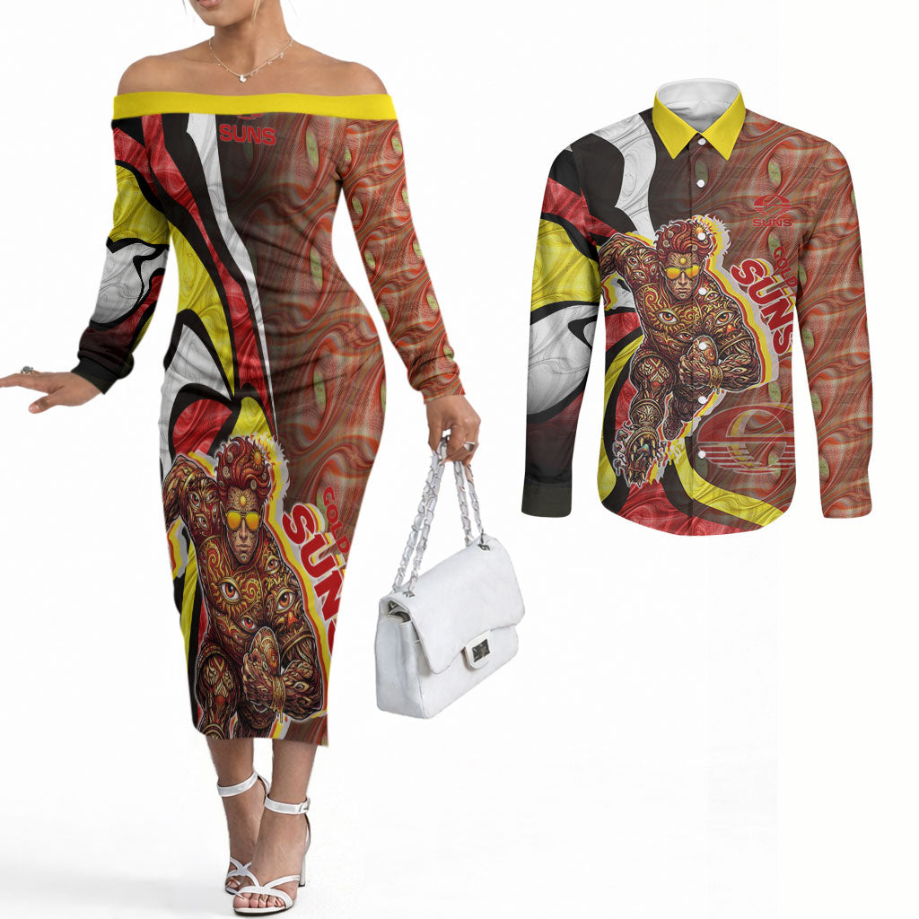 Personalised Gold Coast Suns Couples Matching Off The Shoulder Long Sleeve Dress and Long Sleeve Button Shirt Trippy Psychedelic Abstract Art Mascot Football Fans