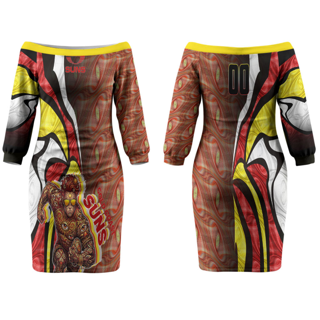 Personalised Gold Coast Suns Couples Matching Off The Shoulder Long Sleeve Dress and Long Sleeve Button Shirt Trippy Psychedelic Abstract Art Mascot Football Fans