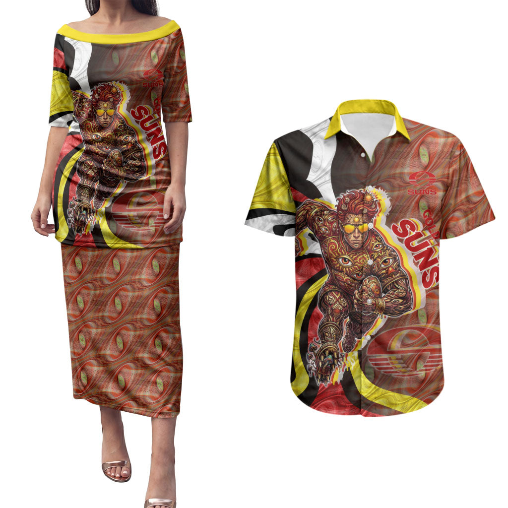 Personalised Gold Coast Suns Couples Matching Puletasi and Hawaiian Shirt Trippy Psychedelic Abstract Art Mascot Football Fans