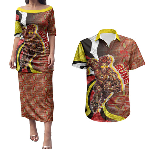 Personalised Gold Coast Suns Couples Matching Puletasi and Hawaiian Shirt Trippy Psychedelic Abstract Art Mascot Football Fans