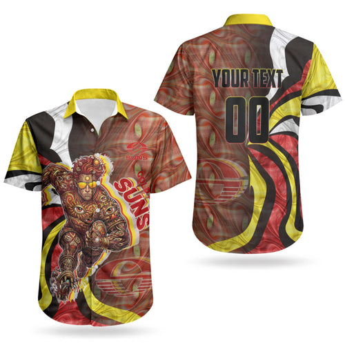 Personalised Gold Coast Suns Couples Matching Puletasi and Hawaiian Shirt Trippy Psychedelic Abstract Art Mascot Football Fans