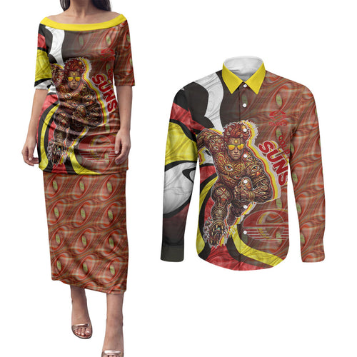 Personalised Gold Coast Suns Couples Matching Puletasi and Long Sleeve Button Shirt Trippy Psychedelic Abstract Art Mascot Football Fans