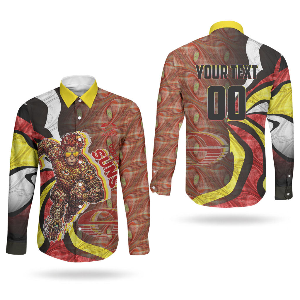 Personalised Gold Coast Suns Couples Matching Puletasi and Long Sleeve Button Shirt Trippy Psychedelic Abstract Art Mascot Football Fans