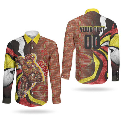 Personalised Gold Coast Suns Couples Matching Puletasi and Long Sleeve Button Shirt Trippy Psychedelic Abstract Art Mascot Football Fans
