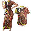 Personalised Gold Coast Suns Couples Matching Short Sleeve Bodycon Dress and Hawaiian Shirt Trippy Psychedelic Abstract Art Mascot Football Fans