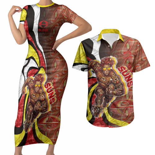 Personalised Gold Coast Suns Couples Matching Short Sleeve Bodycon Dress and Hawaiian Shirt Trippy Psychedelic Abstract Art Mascot Football Fans