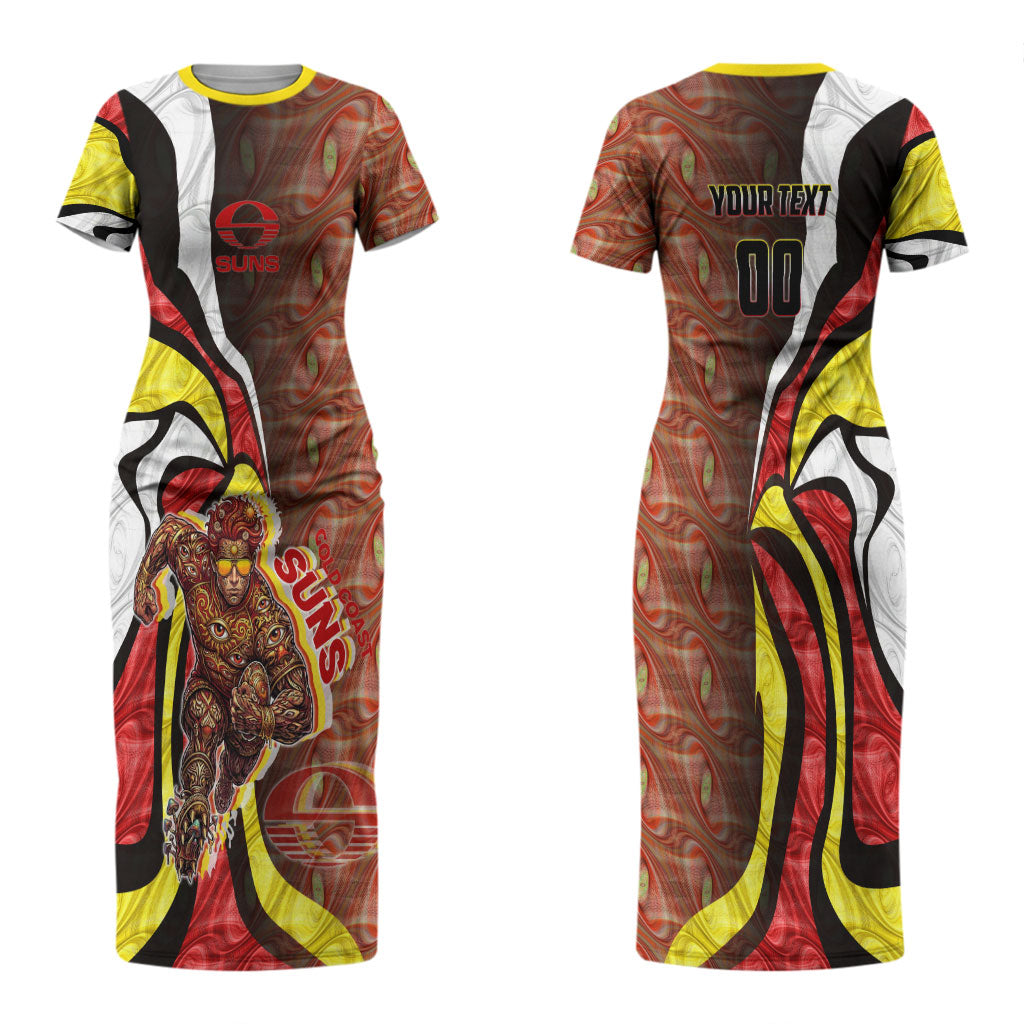 Personalised Gold Coast Suns Couples Matching Short Sleeve Bodycon Dress and Hawaiian Shirt Trippy Psychedelic Abstract Art Mascot Football Fans