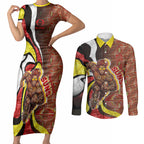 Personalised Gold Coast Suns Couples Matching Short Sleeve Bodycon Dress and Long Sleeve Button Shirt Trippy Psychedelic Abstract Art Mascot Football Fans