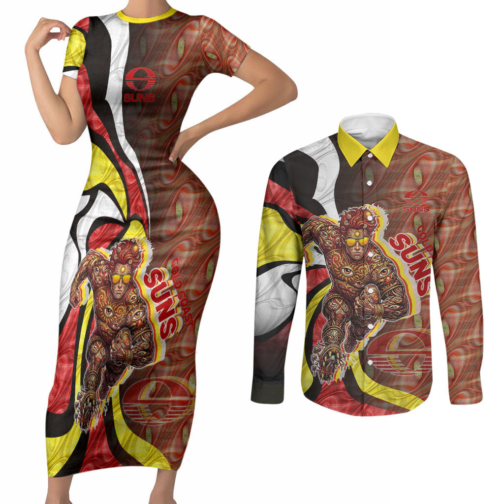 Personalised Gold Coast Suns Couples Matching Short Sleeve Bodycon Dress and Long Sleeve Button Shirt Trippy Psychedelic Abstract Art Mascot Football Fans