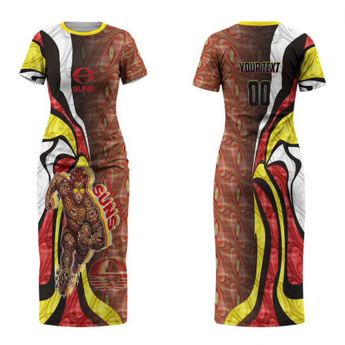 Personalised Gold Coast Suns Couples Matching Short Sleeve Bodycon Dress and Long Sleeve Button Shirt Trippy Psychedelic Abstract Art Mascot Football Fans