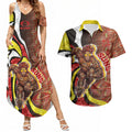 Personalised Gold Coast Suns Couples Matching Summer Maxi Dress and Hawaiian Shirt Trippy Psychedelic Abstract Art Mascot Football Fans
