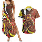 Personalised Gold Coast Suns Couples Matching Summer Maxi Dress and Hawaiian Shirt Trippy Psychedelic Abstract Art Mascot Football Fans