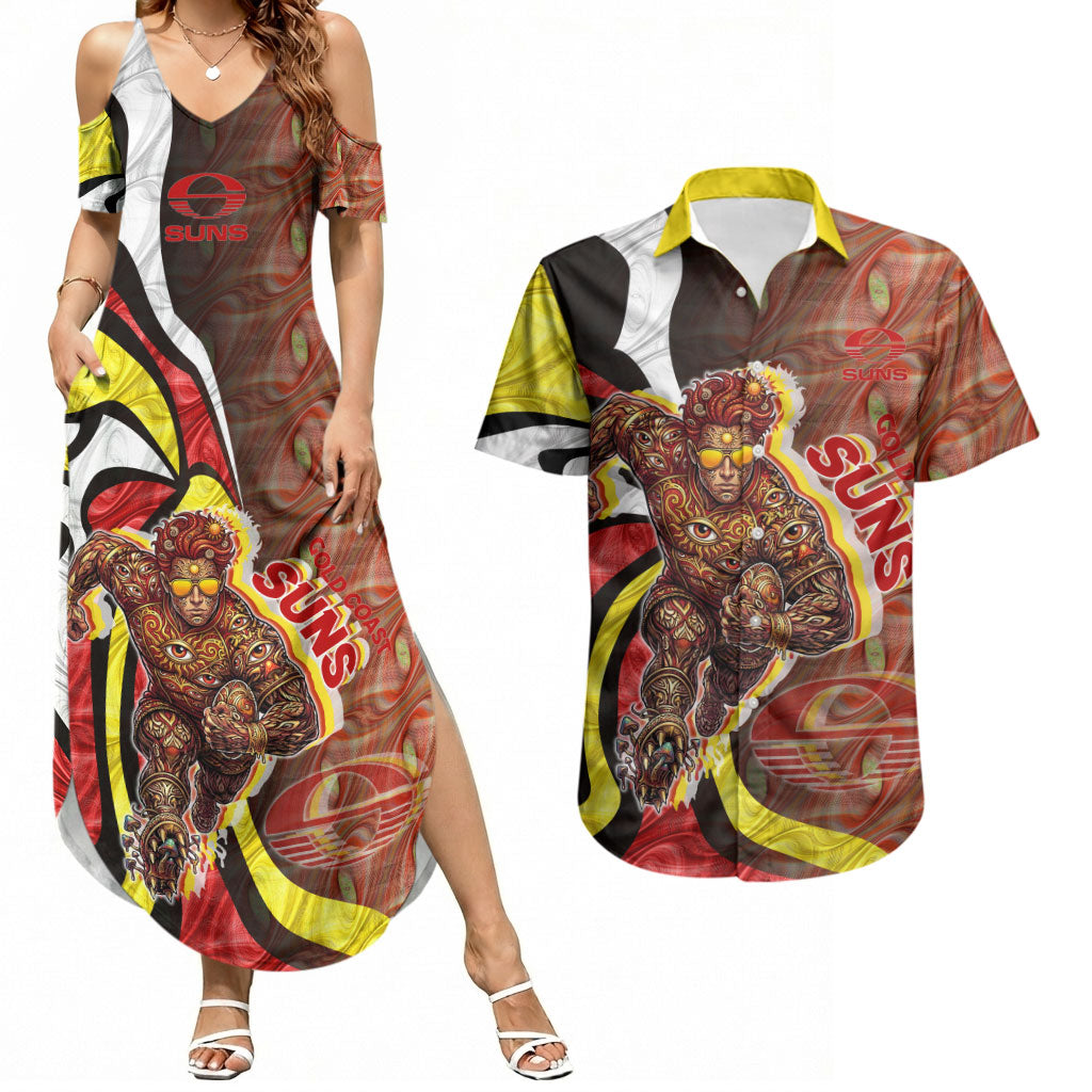 Personalised Gold Coast Suns Couples Matching Summer Maxi Dress and Hawaiian Shirt Trippy Psychedelic Abstract Art Mascot Football Fans