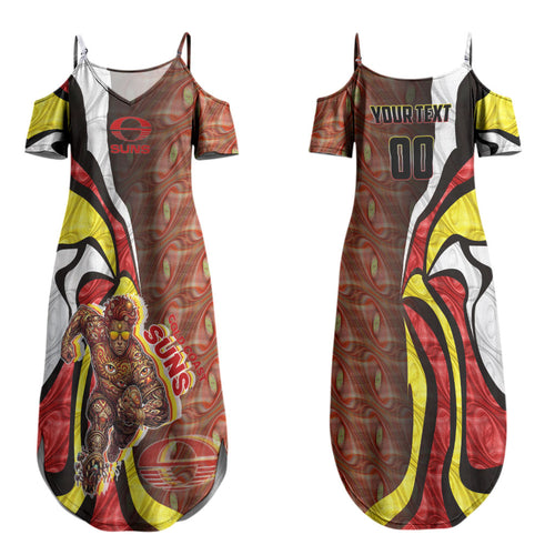 Personalised Gold Coast Suns Couples Matching Summer Maxi Dress and Hawaiian Shirt Trippy Psychedelic Abstract Art Mascot Football Fans
