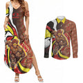 Personalised Gold Coast Suns Couples Matching Summer Maxi Dress and Long Sleeve Button Shirt Trippy Psychedelic Abstract Art Mascot Football Fans