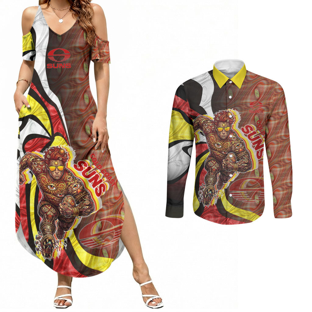 Personalised Gold Coast Suns Couples Matching Summer Maxi Dress and Long Sleeve Button Shirt Trippy Psychedelic Abstract Art Mascot Football Fans