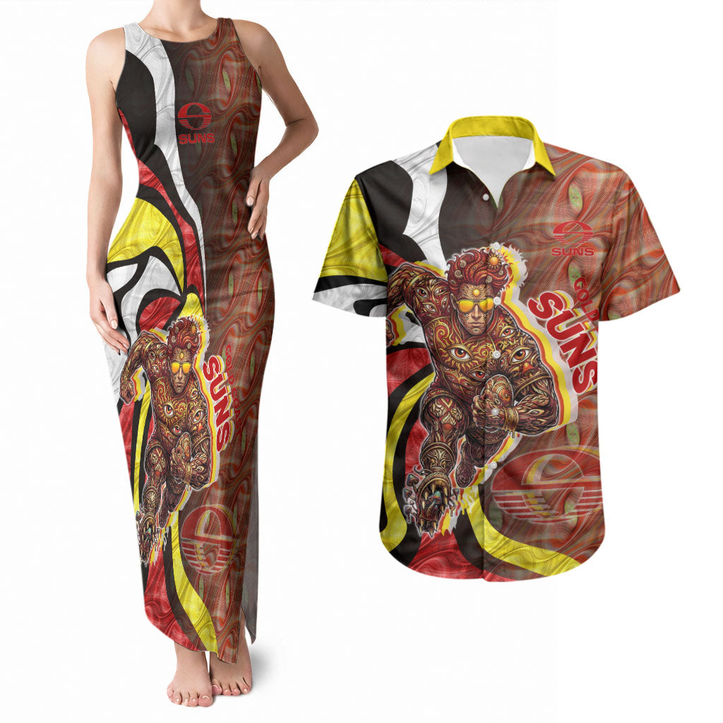 Personalised Gold Coast Suns Couples Matching Tank Maxi Dress and Hawaiian Shirt Trippy Psychedelic Abstract Art Mascot Football Fans