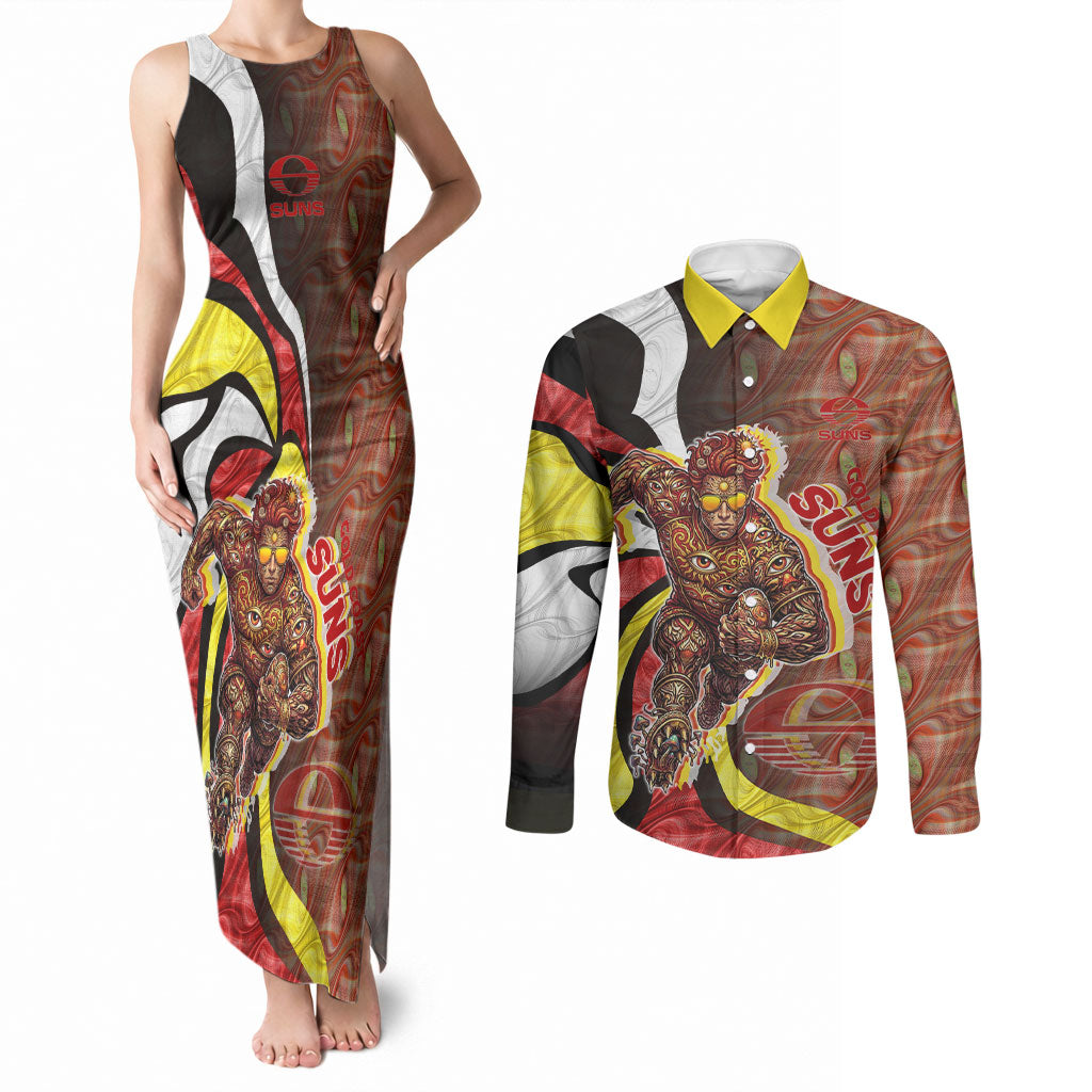 Personalised Gold Coast Suns Couples Matching Tank Maxi Dress and Long Sleeve Button Shirt Trippy Psychedelic Abstract Art Mascot Football Fans