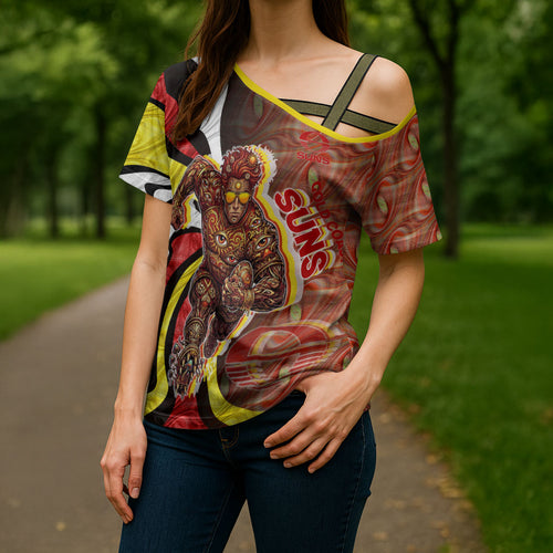 Personalised Gold Coast Suns Cross Shoulder Shirt Trippy Psychedelic Abstract Art Mascot Football Fans