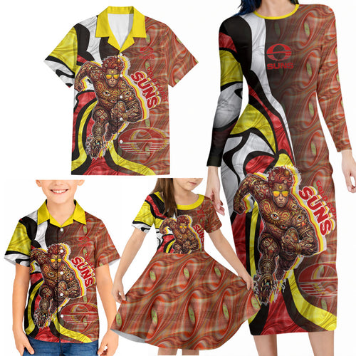 Personalised Gold Coast Suns Family Matching Long Sleeve Bodycon Dress and Hawaiian Shirt Trippy Psychedelic Abstract Art Mascot Football Fans