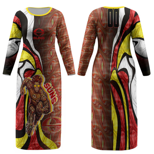 Personalised Gold Coast Suns Family Matching Long Sleeve Bodycon Dress and Hawaiian Shirt Trippy Psychedelic Abstract Art Mascot Football Fans