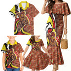 Personalised Gold Coast Suns Family Matching Mermaid Dress and Hawaiian Shirt Trippy Psychedelic Abstract Art Mascot Football Fans