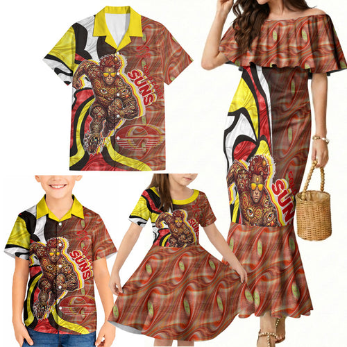 Personalised Gold Coast Suns Family Matching Mermaid Dress and Hawaiian Shirt Trippy Psychedelic Abstract Art Mascot Football Fans