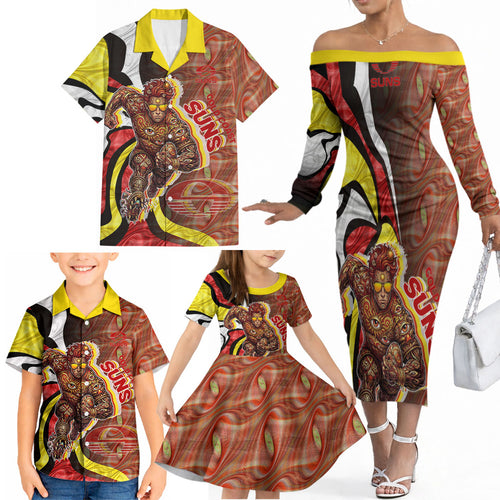 Personalised Gold Coast Suns Family Matching Off The Shoulder Long Sleeve Dress and Hawaiian Shirt Trippy Psychedelic Abstract Art Mascot Football Fans