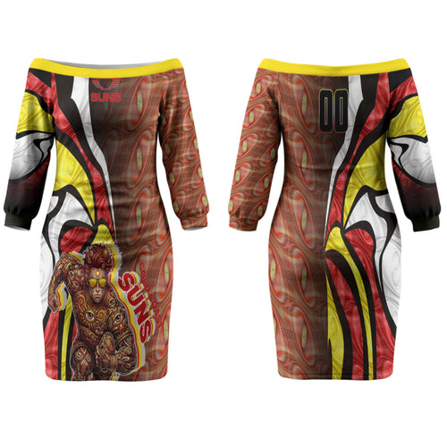 Personalised Gold Coast Suns Family Matching Off The Shoulder Long Sleeve Dress and Hawaiian Shirt Trippy Psychedelic Abstract Art Mascot Football Fans