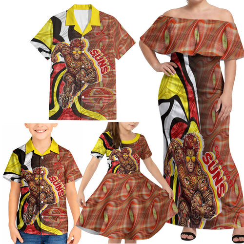 Personalised Gold Coast Suns Family Matching Off Shoulder Maxi Dress and Hawaiian Shirt Trippy Psychedelic Abstract Art Mascot Football Fans