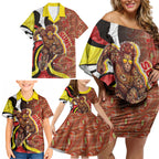 Personalised Gold Coast Suns Family Matching Off Shoulder Short Dress and Hawaiian Shirt Trippy Psychedelic Abstract Art Mascot Football Fans