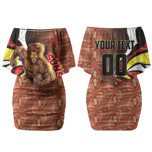 Personalised Gold Coast Suns Family Matching Off Shoulder Short Dress and Hawaiian Shirt Trippy Psychedelic Abstract Art Mascot Football Fans