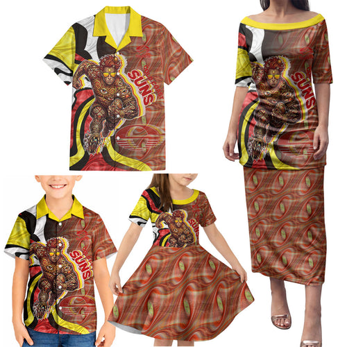 Personalised Gold Coast Suns Family Matching Puletasi and Hawaiian Shirt Trippy Psychedelic Abstract Art Mascot Football Fans