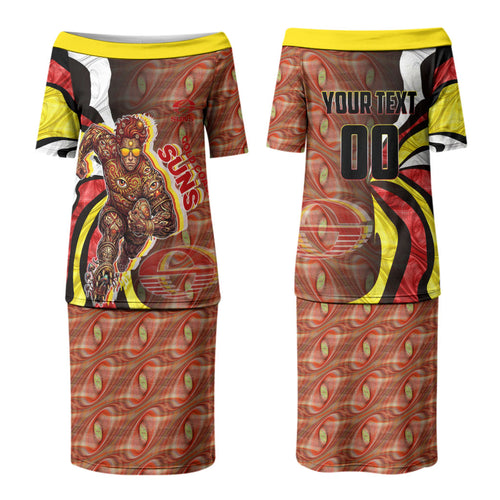 Personalised Gold Coast Suns Family Matching Puletasi and Hawaiian Shirt Trippy Psychedelic Abstract Art Mascot Football Fans