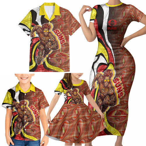 Personalised Gold Coast Suns Family Matching Short Sleeve Bodycon Dress and Hawaiian Shirt Trippy Psychedelic Abstract Art Mascot Football Fans