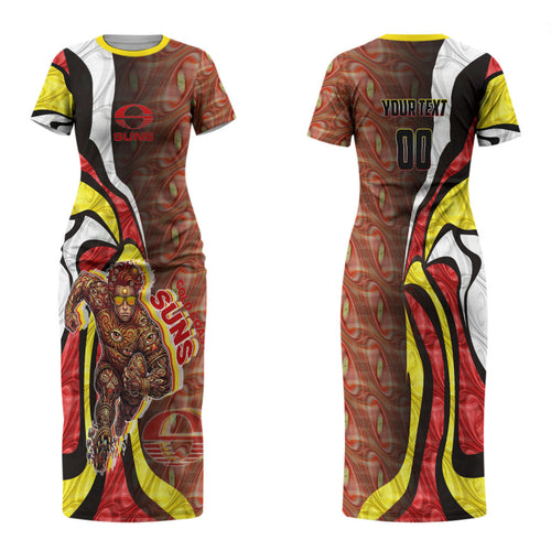 Personalised Gold Coast Suns Family Matching Short Sleeve Bodycon Dress and Hawaiian Shirt Trippy Psychedelic Abstract Art Mascot Football Fans